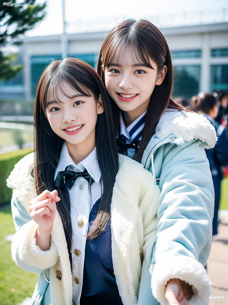 (A super cute Korean female college student duo takes a commemorative photo together wearing fluffy coats over their school uniforms:1.2)(grin,smile:1.1)(Beautiful Sweat:1.1)(16K, RAW Photos, Highest quality, masterpiece: 1.2),(Glossy black hair with cute twin tails) Super detailed, Super Resolution, (Genuine, Genuine photos: 1.37), Portraiture, High-resolution RAW color photos, Professional photos, Very detailed, 8k wallpaper, Very detailed CG Unity 8k wallpaper, Very detailed beautiful girls, Very detailed faces, ((whole body)), beautiful woman, Huge breasts,(huge boobs:1.1) (Big Boobs:1.1), beautiful (Wearing a tight and cute company-designated and a cute coat),high school girl, Korean Girls,(K-POP Female Idols), (Idol-class beauty)(Beautiful high school girl:1.1)(A park covered in heavy snow in midwinter)(17 years old)(School uniform style outfit:1.1)