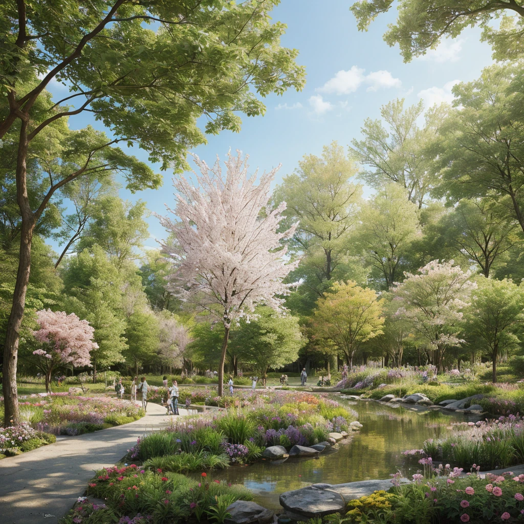 A breathtaking and vibrant landscape filled with a lush variety of plants and flowers. The scene is bursting with life and color, with an array of blooming flowers in every hue imaginable, creating a vibrant tapestry of reds, pinks, yellows, purples, and blues. Tall, green trees provide a canopy of shade, while sunlight filters through the leaves, casting dappled light on the ground below. A crystal-clear stream winds its way through the landscape, reflecting the brilliant colors of the flowers and plants along its banks. Birds and butterflies add to the scene's beauty, flying gracefully among the blossoms. The entire landscape is an epic and stunning display of nature's beauty, a paradise of flora that is truly awe-inspiring.