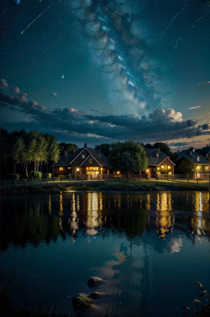 Create an artwork inspired by Vincent van Gogh's 'The Starry Night.' The scene should feature a vibrant, swirling night sky filled with stars and a crescent moon. Use dynamic, expressive brushstrokes and a rich, vivid color palette, with deep blues and bright yellows. In the foreground, include a large, dark cypress tree and a peaceful village with small, warmly lit houses. The overall composition should evoke a sense of movement and emotion, capturing the essence of Van Gogh's iconic style.