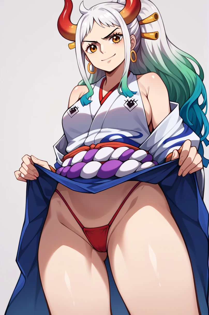 1 woman, skirts, (show off g-string detailed pantie), (hands skirt lift), from front, cowboy shot, BREAK annoyed,shoot from below,score_9,score_8_superior,score_7_superior,score_6_superior, Yamato \(one piece\), One girl, alone, kimono, Multicolored Hair, jewelry, Earrings, No sleeve kimono, hair ornaments, kimono, Wrapping angle, Long Hair, They are, superiorper body, smile, rope, chest, Hairpin, No sleeve, shimenawa, White Background, Mouth closed, hoop Earrings, Bare shoulders, Simple Background, ponytail