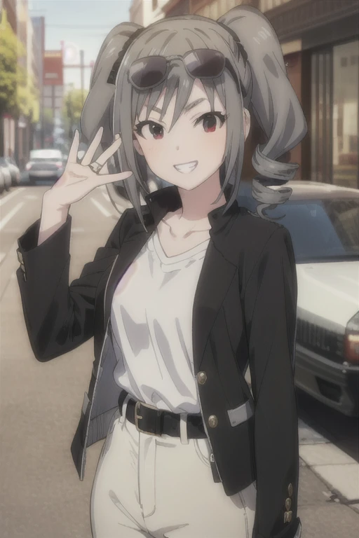 (((pixel-perfect, detail-perfect))), solo, 1girl, ranko kanzaki, jacket black, white shirt, pants black, belts, shoes, looking at viewer, sunglasses, grin, upper body