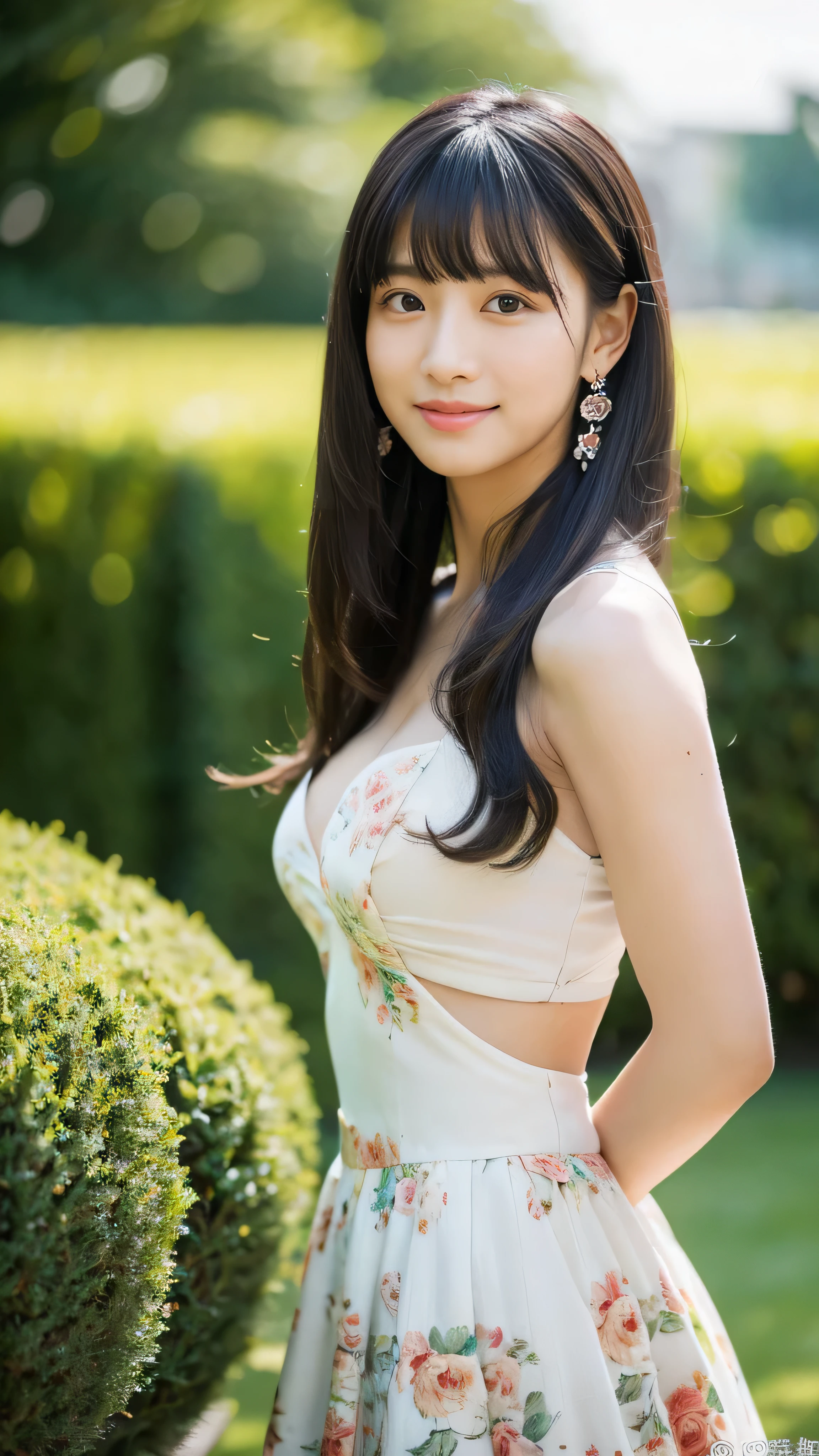 ((masterpiece)), 32k, masterpiece, Highest quality, 1 girl, alone, (Nationality: British:1.3), Realistic, Garden, Realistic, Very detailed, Detailed Background, (alone: 1.4), Happy expression, Slender body, Realistic Highly detailed long hair, Intricate details, masterpiece, Highest quality, West Shot, (花の咲くGardenの背景)), smile, ((Looking at the camera)), Earrings, Long straight black hair, Asymmetrical bangs, Natural Breasts ,