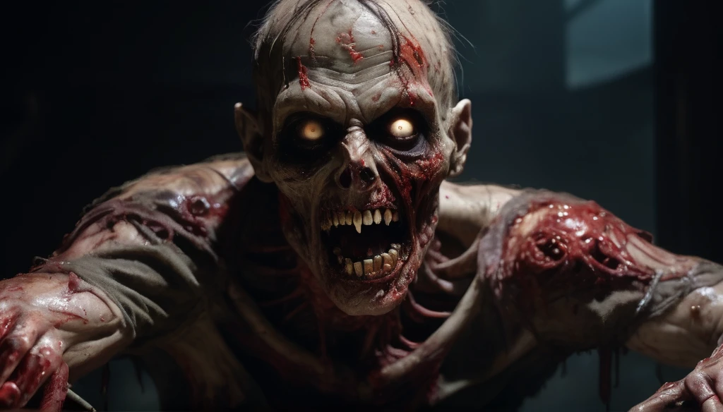 A chilling and grotesque scene of a decaying zombie pulling out its own eyes, revealing a horrific display of rotting flesh and bones beneath. The zombie's twisted grin exposes its broken teeth, while its hands, draped in tattered skin, clasp the gruesomely detached eyes. Bloodshot and bulging, the eyes are still connected to the sockets by slimy optic nerves and muscles, adding a realistic and disturbing touch to the scene. The background is shrouded in darkness, amplifying the chilling and terrifying atmosphere of the zombie's self-inflicted mutilation.