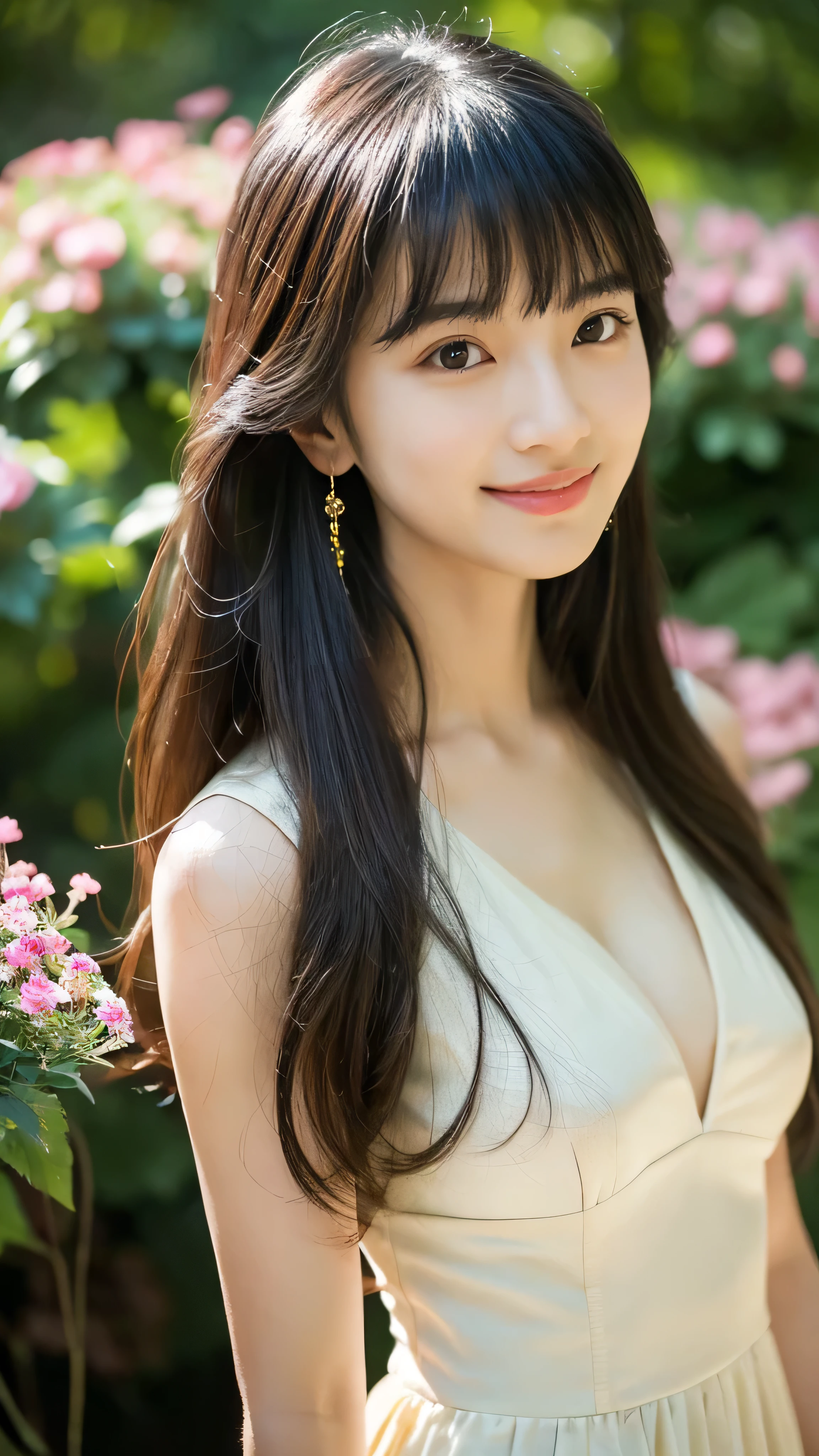 ((masterpiece)), 32k, masterpiece, Highest quality, 1 girl, alone, (Nationality: British:1.3), Realistic, Garden, Realistic, Very detailed, Detailed Background, (alone: 1.4), Happy expression, Slender body, Realistic Highly detailed long hair, Intricate details, masterpiece, Highest quality, West Shot, (花の咲くGardenの背景)), smile, ((Looking at the camera)), Earrings, Long straight black hair, Asymmetrical bangs, Natural Breasts ,