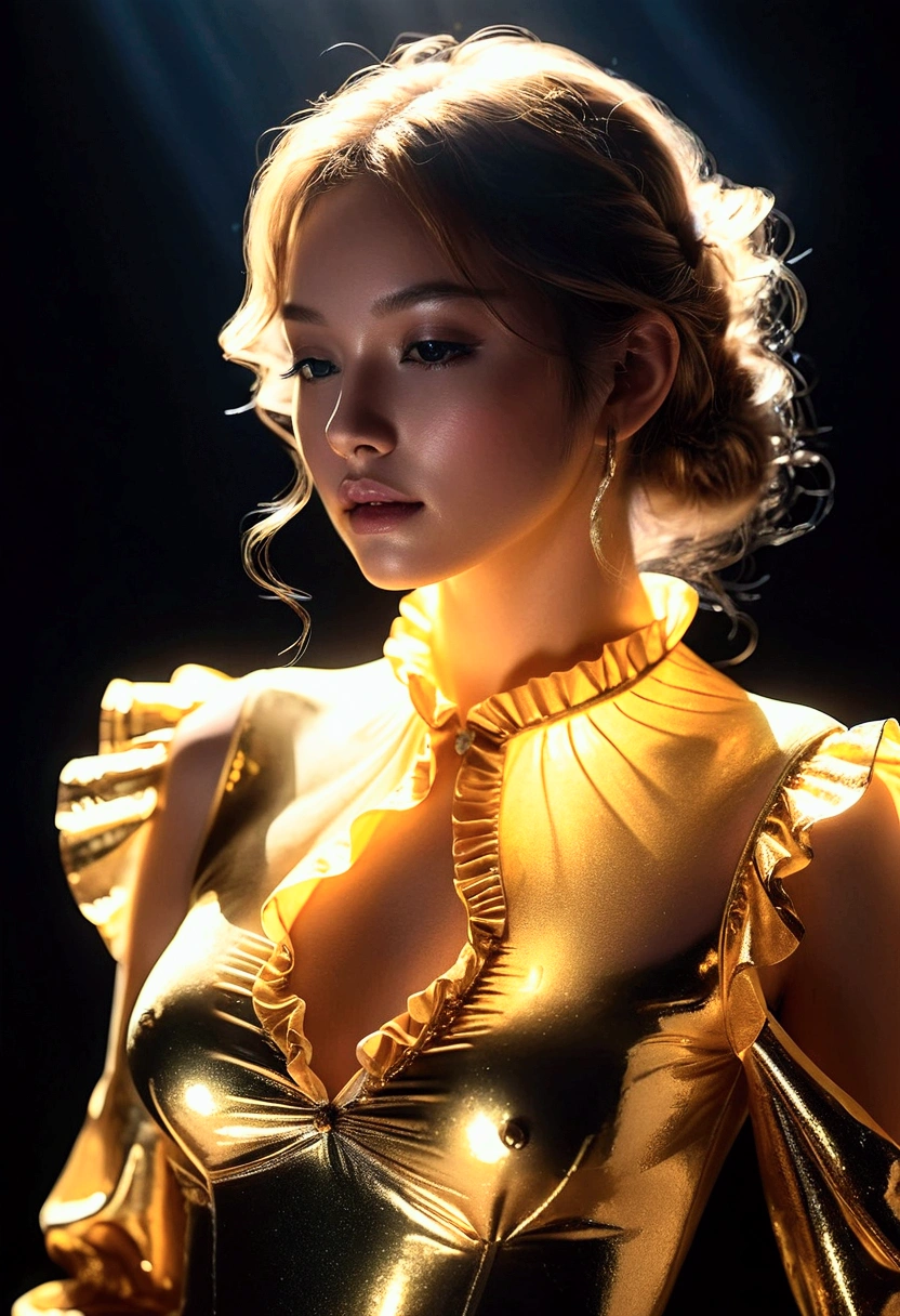 ((Gem_Light element)), (Translucent luminous body_Wearing a golden frill blouse), (Girl made of light: 1.2), (Minimalism: 0.5), (Close-up angle above the waist: 1.3), Low angle shot: 0.7 ), 4K, HDR, acid graphics, fantasy work, [detailed vivid face: 0.33], (white translucent body and hair: 1.3), Silhouette outlines and radiant beautiful woman, revealing understated elegance. A calm and deep atmosphere offering subtle luxury, sophisticated poses, fluorescence, luminescent tattoos, bioluminescent tattoos, and glowing patterns.