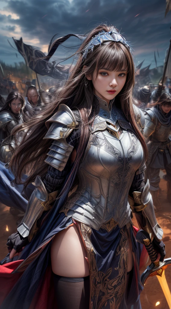 Cowboy Shot、Very beautiful woman、Slender women、(Detailed face)、Realistic Skin、((evil knight)), (Black Armor)、((((非常に細かく複雑な装飾が施されたBlack Armor))))、((Delicate photo)),(Girl Astepeace RAW Photo Details:1.25), (Highest quality:1.6), (Ultra-high resolution:1.5), (Realistic:1.75), 8K resolution, Canon EOS R5, 50mm, Absurd, Super detailed,Cinema Lighting,Battlefields of Medieval Europe、((Fight))、RPG World、Final Fantasy、(((Decorative skirt)))、Thigh-high socks、Shingard、night、((Long hair with bangs,))、Get a six pack、Torn Cloak、Beautiful Armor、(((Giant Sword)))、In combat、The wind is blowing、((Asymmetric Armor:1.5))、(((thunderstorm)))、((Knight Commander))、(((Leading a large group of black knights)))、banner、Wolf Pattern:1.5、(((Battle Scenes)))