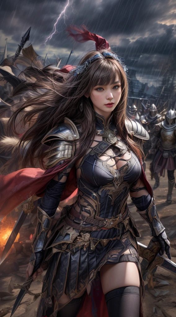 Cowboy Shot、Very beautiful woman、Slender women、(Detailed face)、Realistic Skin、((evil knight)), (Black Armor)、((((非常に細かく複雑な装飾が施されたBlack Armor))))、((Delicate photo))，(Girl Astepeace RAW Photo Details:1.25), (Highest quality:1.6), (Ultra-high resolution:1.5), (Realistic:1.75), 8K resolution, Canon EOS R5, 50mm, Absurd, Super detailed,Cinema Lighting,Battlefields of Medieval Europe、((Fight))、RPG World、Final Fantasy、(((Decorative skirt)))、Thigh-high socks、Shingard、night、((Long hair with bangs,))、Get a six pack、Torn Cloak、Beautiful Armor、(((Giant Sword)))、In combat、The wind is blowing、((Asymmetric Armor:1.5))、(((thunderstorm)))、((Knight Commander))、(((Leading a large group of black knights)))、banner、Wolf Pattern:1.5、(((Battle Scenes)))