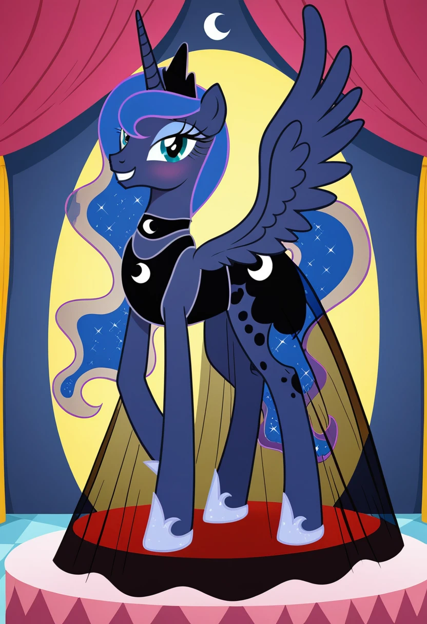 Pony . Black see trough dress with black choker, Princess Luna smiling 