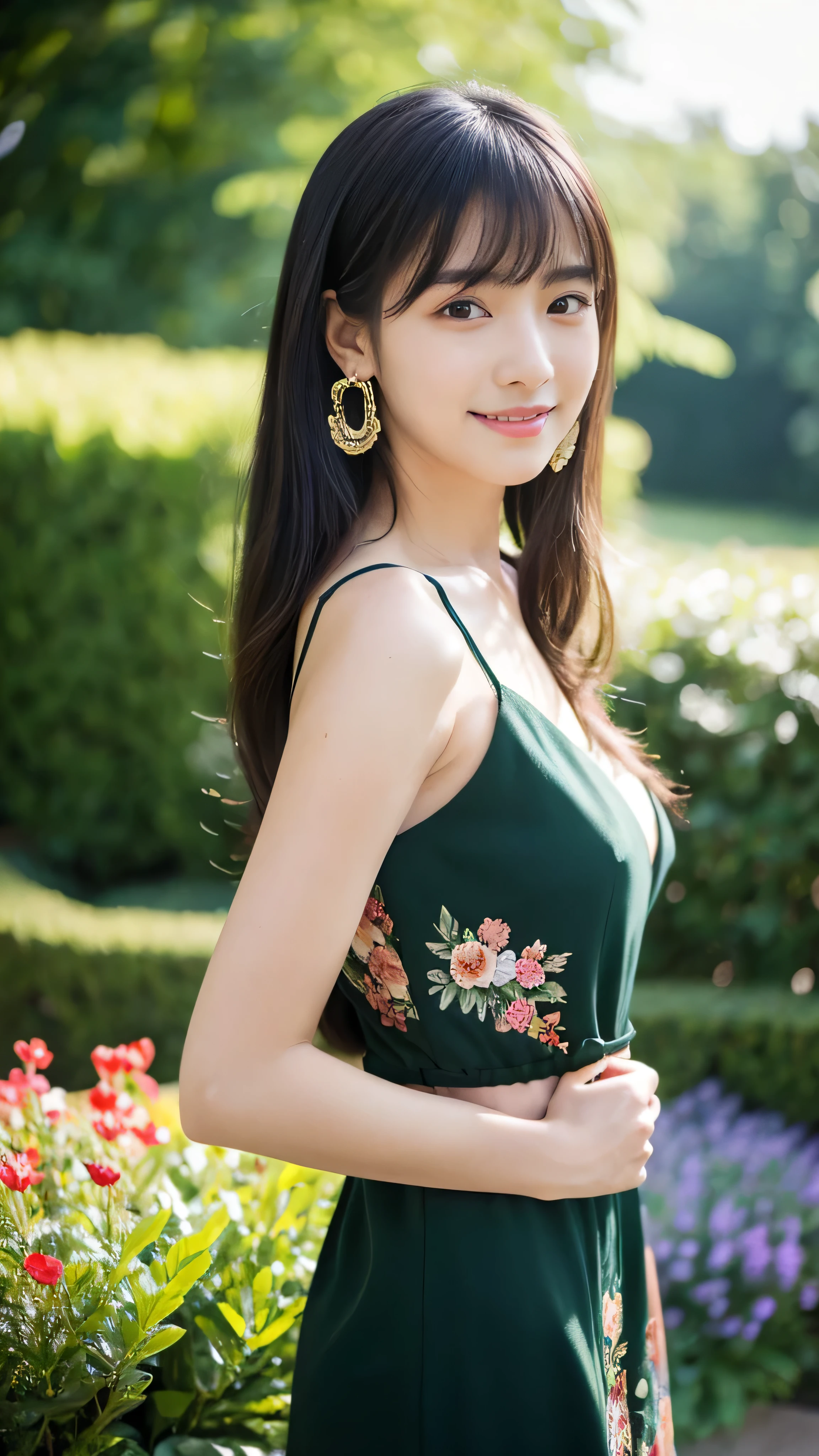 ((masterpiece)), 32k, masterpiece, Highest quality, 1 girl, alone, (Nationality: British:1.3), Realistic, Garden, Realistic, Very detailed, Detailed Background, (alone: 1.4), Happy expression, Slender body, Realistic Highly detailed long hair, Intricate details, masterpiece, Highest quality, West Shot, (花の咲くGardenの背景)), smile, ((Looking at the camera)), Earrings, Long straight black hair, Asymmetrical bangs, Natural Breasts ,