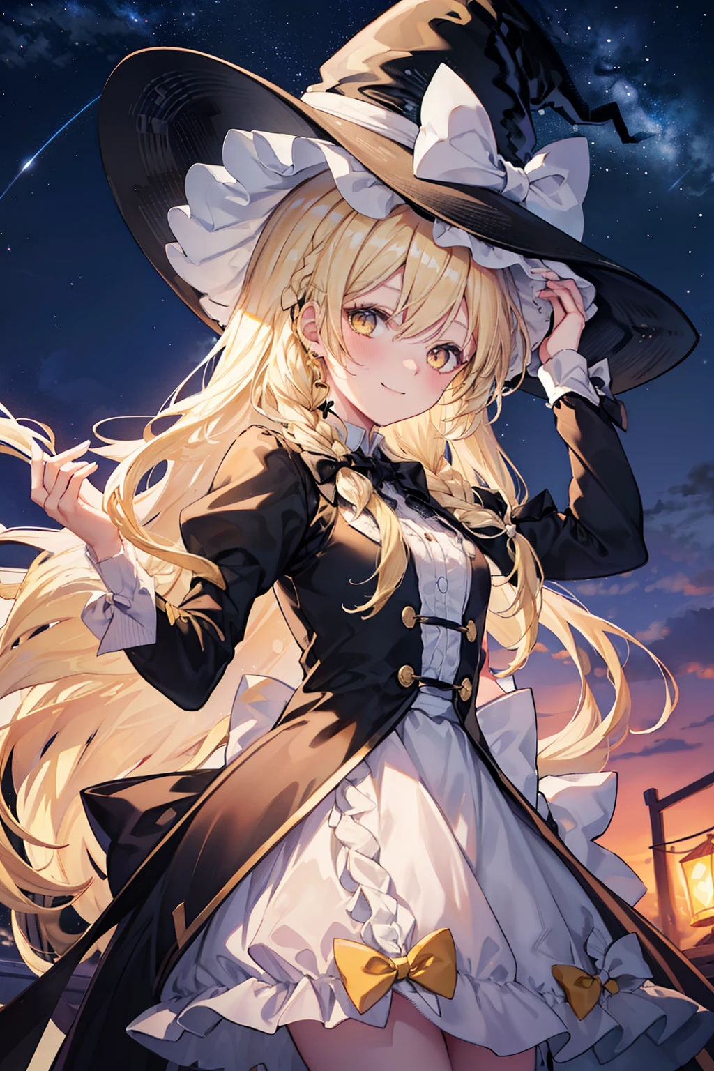 blonde_hair, length_hair, Have, witch_Have, bow, yellow_eye, Braiding, single_Braiding, Have_bow, smile, hair_bow, white_bow, 前hair, black_hat, (Highly detailed CG Unity 16k wallpaper:1.1),  Night Sky, performer,