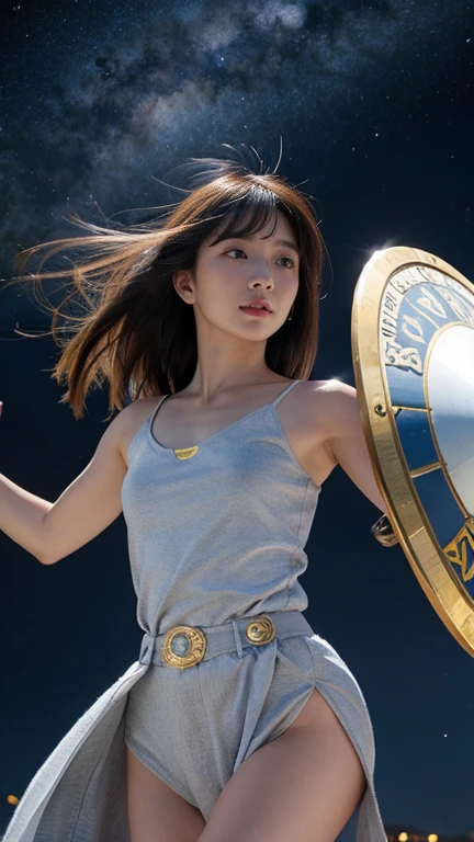 White combat uniform、skirt、Goddess of War、Staff、High resolution、Unknown powers、thunder、Wind、inflammation、muscle、Planetary alignment、Starry Sky、Blue light、Laser beam、God&#39;s Weapon、Diffuse reflection of light、Cyber Valkyrie