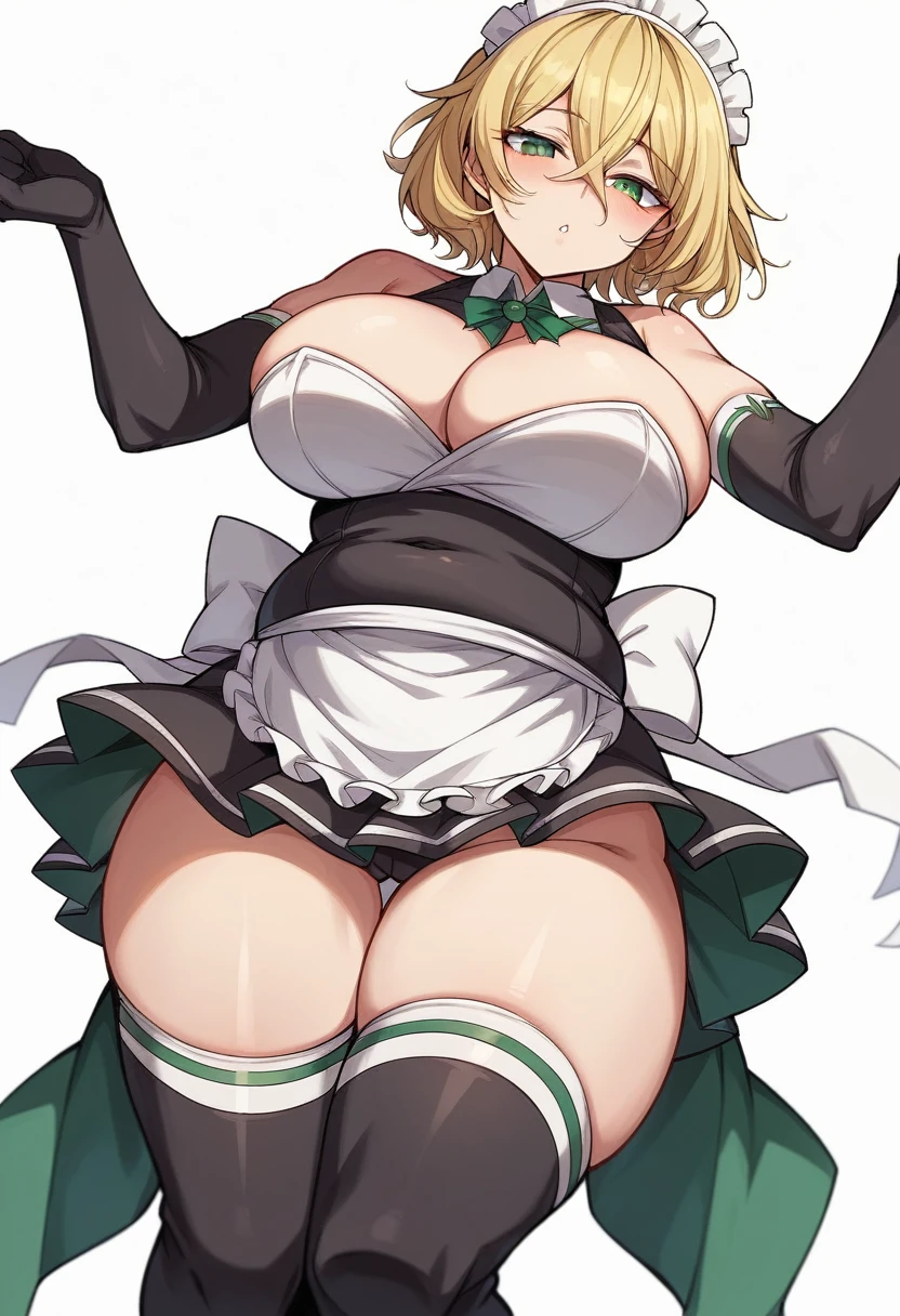 (One girl)、bob cut、flipped hair、((Blonde))、（Sato Air）、Sakuya Izayoi、slan eyes、(Big super breasts)、(Chubby)、beautiful girl、[[Big thighs]]、green eye、(Maid clotheini skirt)、No sleeve、White sleeveless、((hairs between eyes))、((thigh-high socks thighhighs))、(long gloves)、say、White Background、
