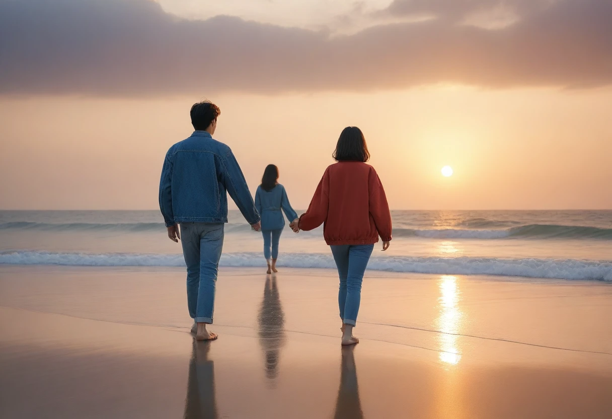 8K, Vivid picture quality, desolate long beach, A man and a woman walking on the beach holding hands affectionately, short hair woman, red light of sunset, alone, afternoon, depressed, tide가 밀려온다, ocean, tide, wind, short korean woman, 잔잔한 tide, Perfect photos with vivid image quality, Wear a casual jacket and jeans