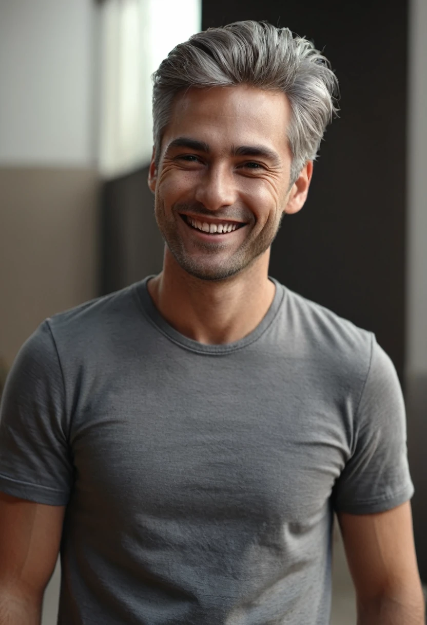 medium shot, standing alone, photo of a man, ashen hair, smiling, standing, (sharp focus, highy detailed, 4K, 8K, best qualityer, work of art, ultra high resolution:1)