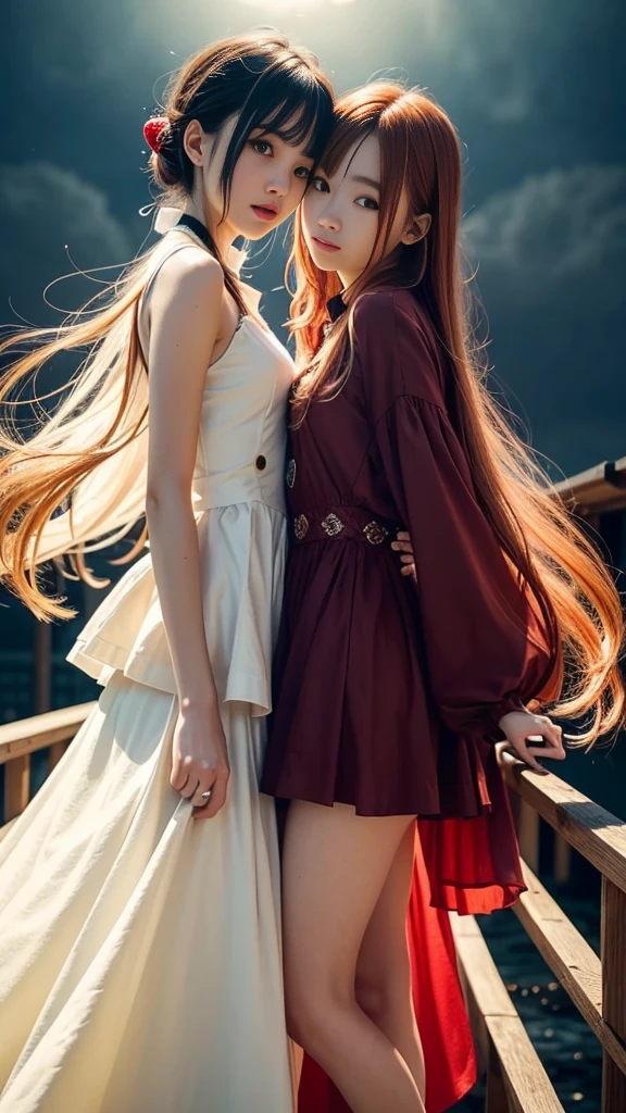 (Natural strawberry blonde and redhead girls with pretty faces), Cute pose, wearing a button dress, Atmospheric, Dark atmosphere, Edge lighting, Sayaka Yamamoto, Saito Asuka, Mao Akiyama's facial features, 8K, Full 体 portrait, Elegant outfit, Natural light, Spooky greenhouse at night, Sharp focus, (Highly detailed eyes and face:1.3, Professional photography techniques), (Beautiful small face, beautiful girl, high , Idol Face, Baby Face:1.5)Happy, K UHD, Hmph, Beautiful and soft skin, Vibrant Skin, blush, (Chirarizum:1.3, Unbutton the dress:1.5), ((Beautiful breasts:1.2, Cleavage)), (Small beautiful butt), (Detailed hands:1.1, The optimal ratio is four fingers to one thumb), Perfect proportions, (Perfect Anatomy:1.3), (Highest quality, Masterpiece, Highest quality, Ultra high definition, Photorealism:1.4), ((Touching each other's breasts:1.4)), (Beautiful hair blowing in the wind:1.3)