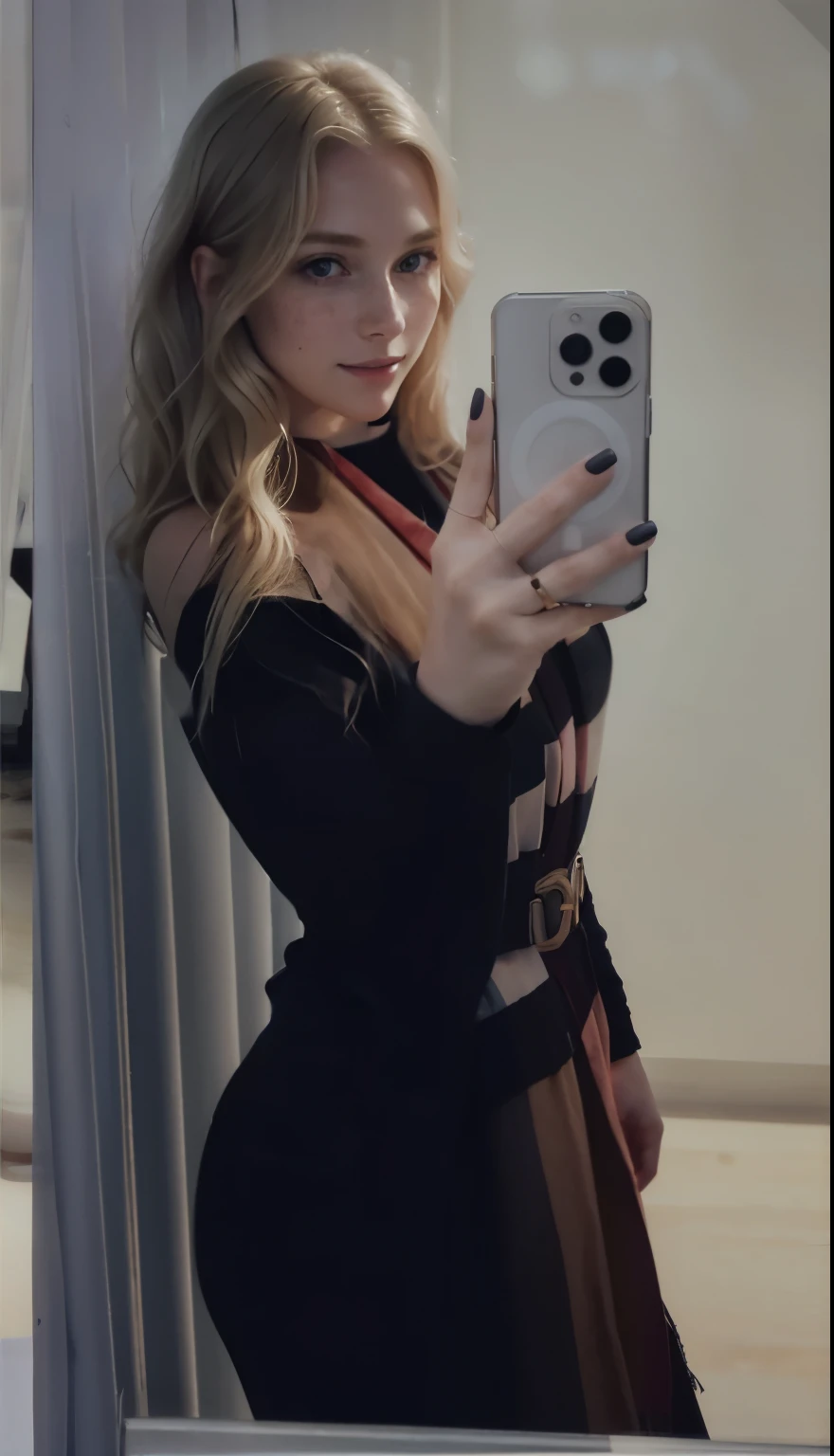 a one woman, americana, age 25, pale skin and freckles, grey-eyed, delicate nose, soft and delicate lips, distant, distant, wavy, waist-length blonde hair, Sweet smile, face with delicate feminine facial features, Highly Rendering, golden bracelet