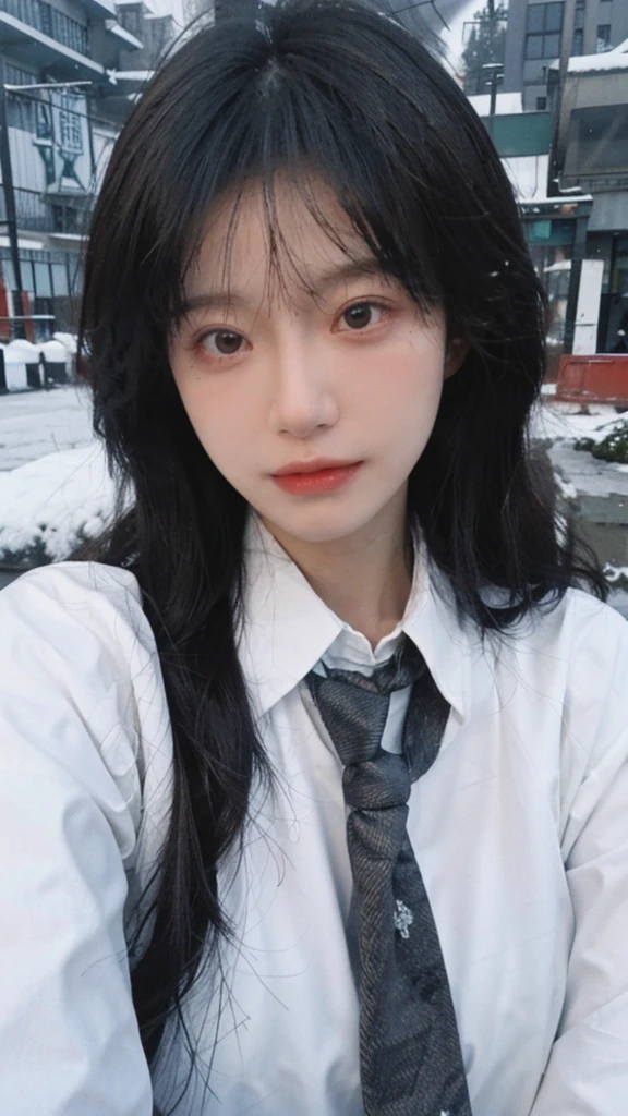Best quality,masterpiece,1 Girl,Ultra-high resolution,snow,,16K,Snow background,(Photo Realism:1.4),JK,,,Sexy,(Shirt and Tie:1.2),(Big breasts:1.3),(whole body:1.8),