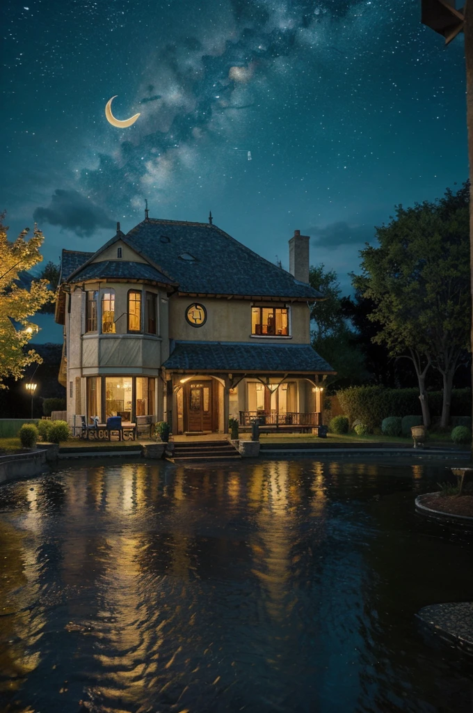 Create an artwork inspired by Vincent van Gogh's 'The Starry Night.' The scene should feature a vibrant, swirling night sky filled with stars and a crescent moon. Use dynamic, expressive brushstrokes and a rich, vivid color palette, with deep blues and bright yellows. In the foreground, include a large, dark cypress tree and a peaceful village with small, warmly lit houses. The overall composition should evoke a sense of movement and emotion, capturing the essence of Van Gogh's iconic style.