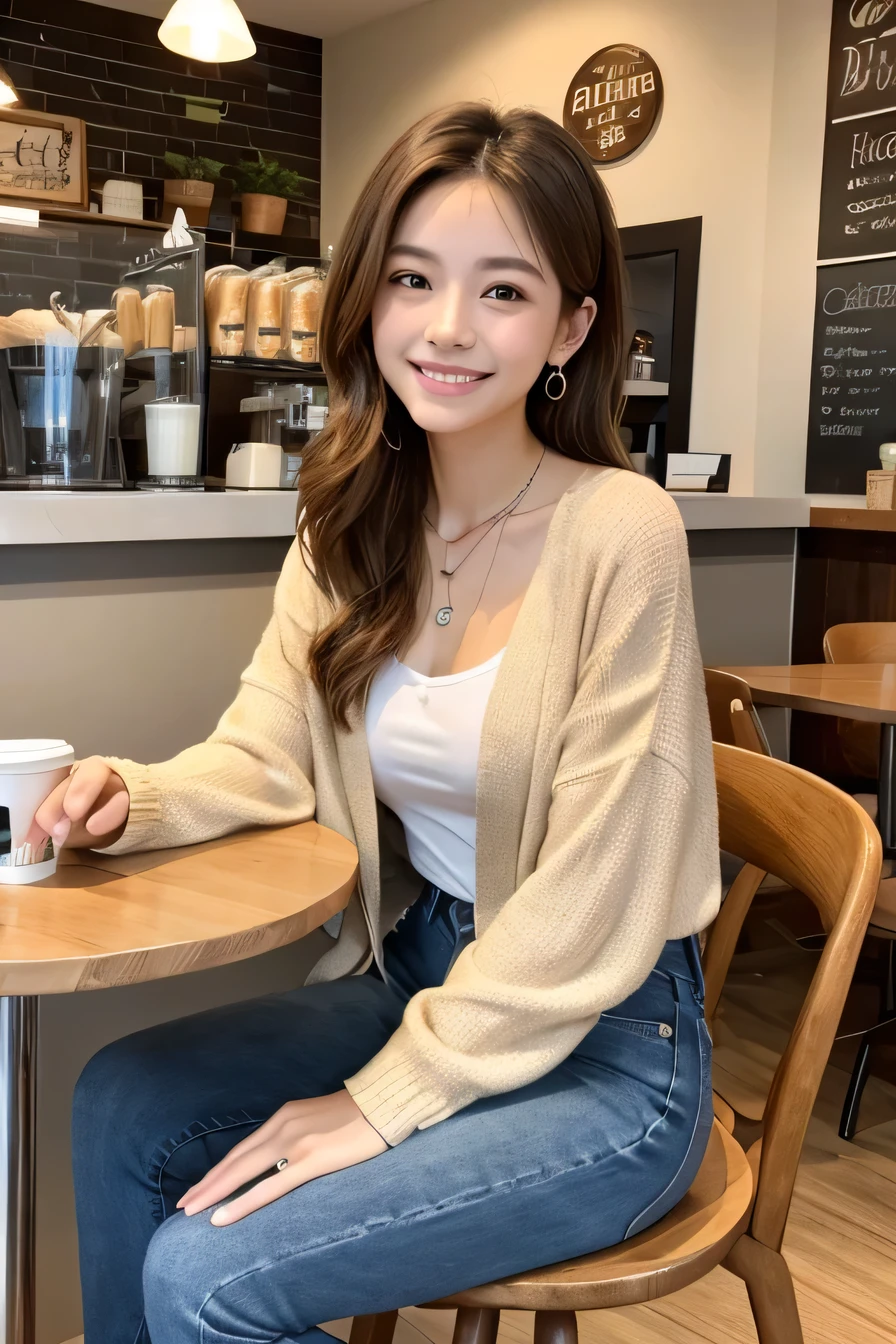 Woman sitting on a chair in a coffee shop、（Full body photo）（Head to toe）Light brown hair、Clear beauty、Short Haircut、Wavy Hair、cardigan、blouse、Skinny jeans、sneakers、Ear piercing、Necklace around the neck、smile、Beautiful teeth alignment、Intricate details, Very detailed:1.2), 、 Looking into the camera、The background is a coffee shop

