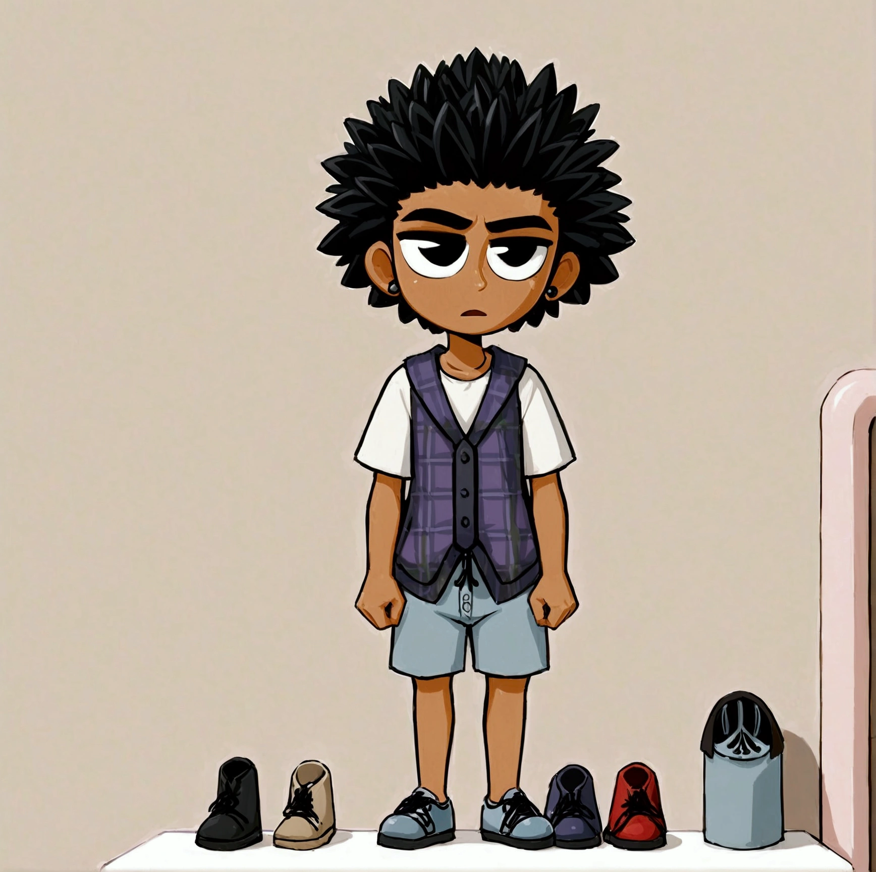 Crée une image de style cartoon représentant un adolescent avec des cheveux noirs et bouclés, portant un débardeur à carreaux par-dessus un t-shirt blanc et pourtant des chaussures de couleur rouge