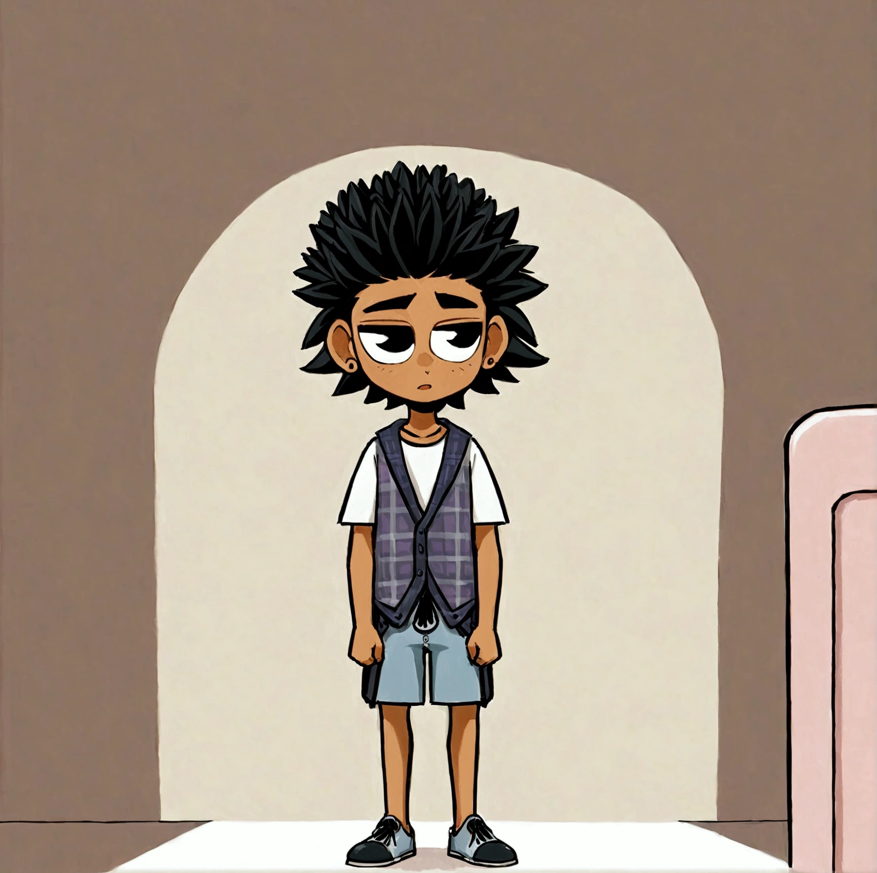 Crée une image de style cartoon représentant un adolescent avec des cheveux noirs et bouclés, portant un débardeur à carreaux par-dessus un t-shirt blanc et pourtant des chaussures de couleur rouge