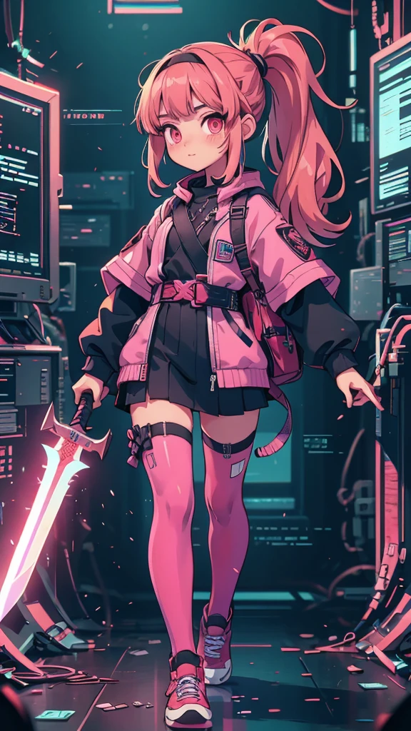 (close-up:1.1) illustration of woman, (looking at viewer:1.3) BREAK (wearing a pink outfit including a headband. The character is holding a shuriken in one hand and has a sword strapped to her back.top tights:1.2) BREAK (a black ponytail and bangs), BREAK (in giant gate:1.3) BREAK dark theme, malware glitch, malwaretech