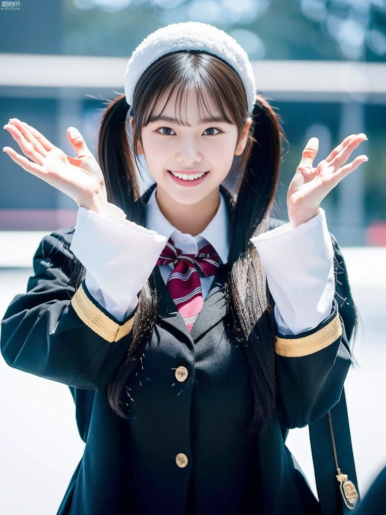 (Super cute Korean female college students take a commemorative photo together in their school uniforms:1.2)(grin,smile:1.1)(Beautiful Sweat:1.1)(16K, RAW Photos, Highest quality, masterpiece: 1.2),(Glossy black hair with cute twin tails) Super detailed, Super Resolution, (Genuine, Genuine photos: 1.37), Portraiture, High-resolution RAW color photos, Professional photos, Very detailed, 8k wallpaper, Very detailed CG Unity 8k wallpaper, Very detailed beautiful girls, Very detailed faces, ((whole body)), beautiful woman, Huge breasts,(huge boobs:1.1) (Big Boobs:1.1), beautiful  (Wearing a tight and cute  designated by the company),high school girl, Korean Girls,(K-POP Female Idols), (Idol-class beauty)(Beautiful high school girl:1.1)(A park covered in heavy snow in midwinter)(17 years old)(School uniform style outfit:1.1)