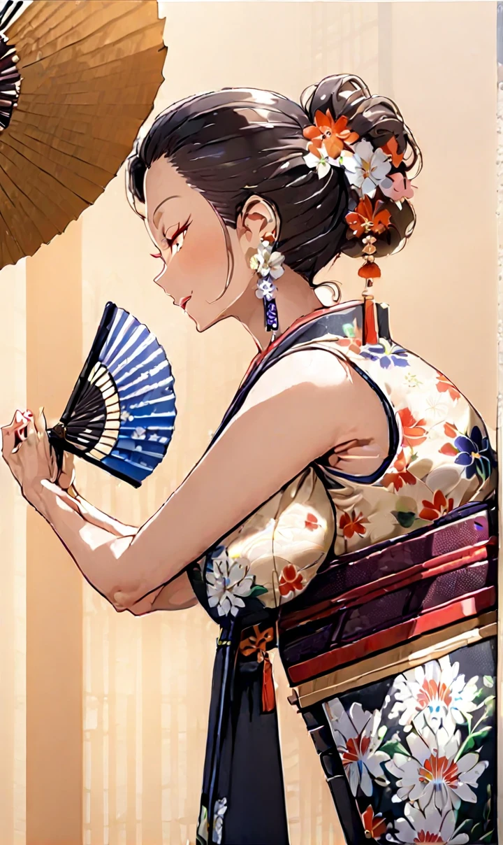 ultra-detailed, ((one girl)), (pale skin:1.4), in pastel colors gyaru, (heavy makeup), (professional lighting) hyper detailed, absurdres, 8K, Beautiful Face, (Laugh shyly), ((teasing smile:1.8)), ((Wink:1.7)), (Laugh with your mouth wide open),((Tilt your face:1.6)), View your viewers, ((Bright red cheeks:1.6)),Glossy Red Lips, ((Big Breasts:1.6)), ((undressing:1.2)), noon, Shrine festival stalls, ((Anime style background)),masterpiece, Highest quality, so beautiful,Latest, Complex details, (Pink long nails), (nail art), (ring),(bracelet), (Floral Choker),AI-generated, Complex,High resolution, Highest quality, super high quality,3D Images、3D Images,One person,Pastel silver long hair,(High Ponytail), (wavy hair:1.3), Pastel anime woman posing for a photo, ((Fine grain、blue eyes、glowing eyes:1.4)), (Squint your eyes:1.1),a hyperRealistic , hyperRealistic , Realistic,Anime woman with long pastel white hair, Smooth anime CG art, A girl in a gorgeous black kimono, ((Black long-sleeved kimono)),(Large red floral pattern), Golden embroidery, (sideboob), Long flower hair ornament,Floral Earrings,japanese pouchを手に持つ,Mature Body, tall,Narrow waist, ((from side:1.2)), ((leaning forward:)), upper body, She using a hand fan to cool herself.
