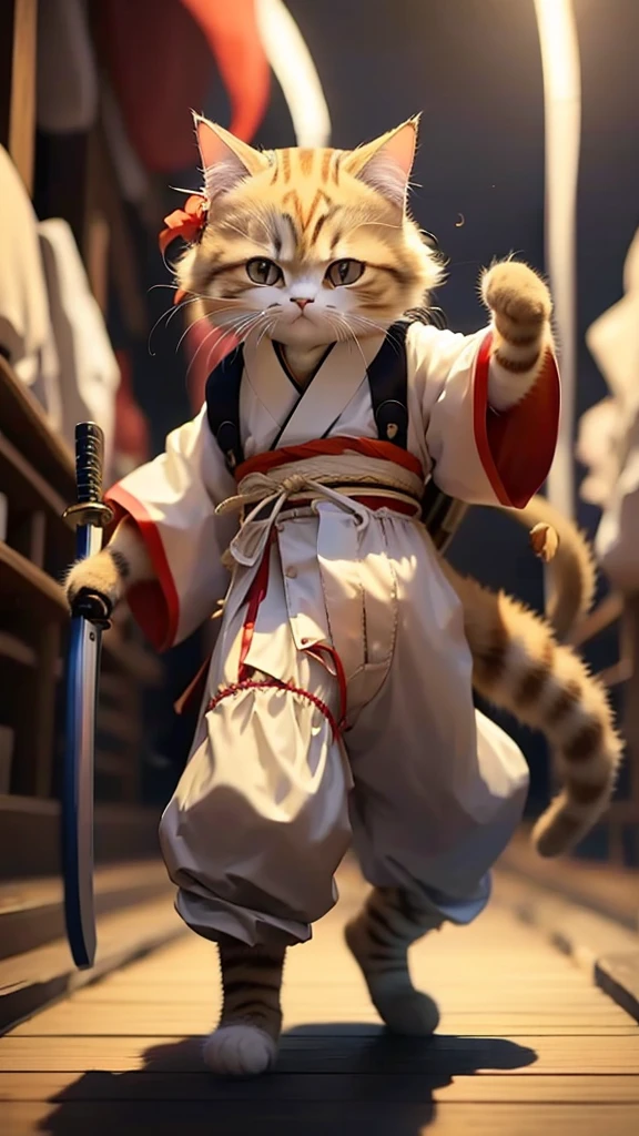 A cute cat wearing a samurai kimono, standing on two legs and holding a sword in a fighting stance.