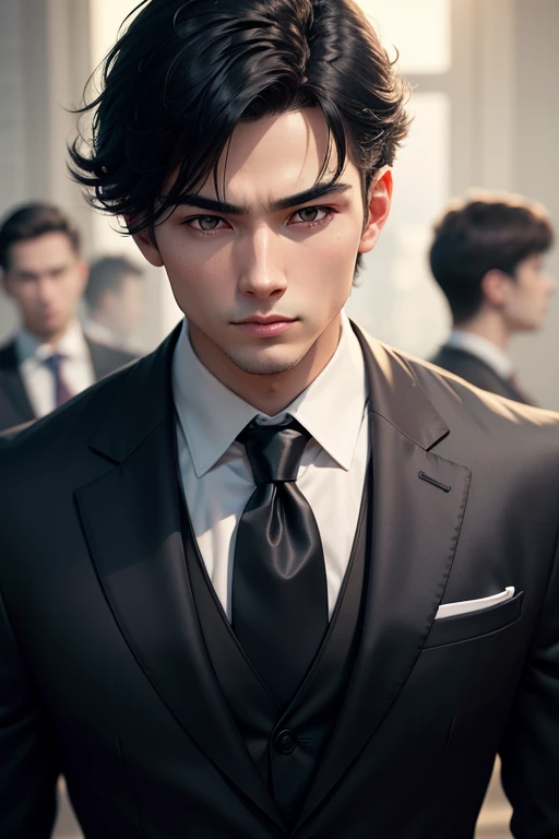 、Black-haired boy、wearing a suit and a tie、A photo in which the body and head are in line, Face the photo towards the viewer, Focus on the lens, In the photo you can see the shoulders and head, Man in the center of the photo, 8K, Highest quality, Tabletop, Realistic, Realistic photo, Cinematography, ultra Realistic, Perfect lighting, dsrl, Professional photos, 4K Muscle