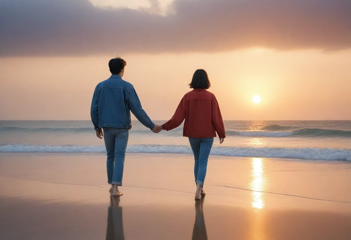 8K, Vivid picture quality, desolate long beach, A man and a woman walking on the beach holding hands affectionately, short hair woman, red light of sunset, alone, afternoon, depressed, tide가 밀려온다, ocean, tide, wind, short korean woman, 잔잔한 tide, Perfect photos with vivid image quality, wearing a casual jacket and jeans