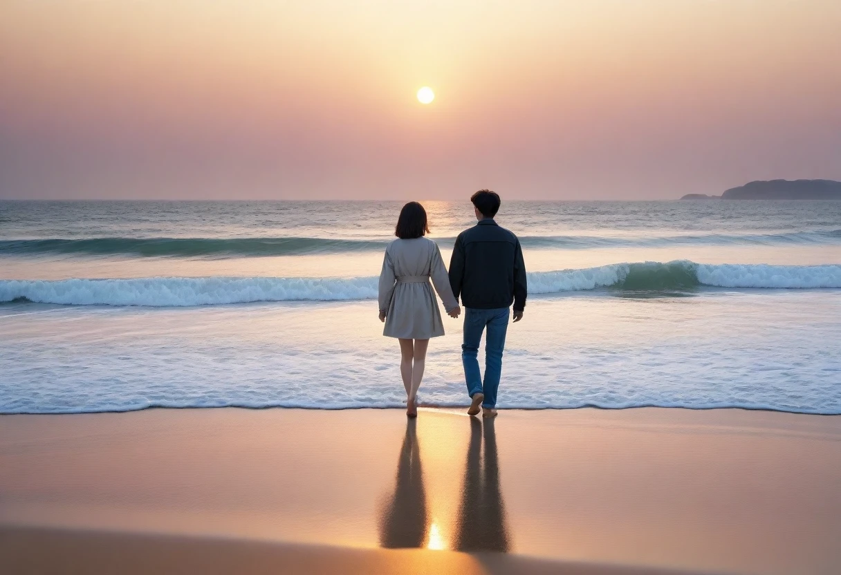 8K, Vivid picture quality, desolate long beach, A man and a woman walking on the beach holding hands affectionately, short hair woman, red light of sunset, alone, afternoon, depressed, tide가 밀려온다, ocean, tide, wind, short korean woman, 잔잔한 tide, Perfect photos with vivid image quality, wearing a casual jacket and jeans