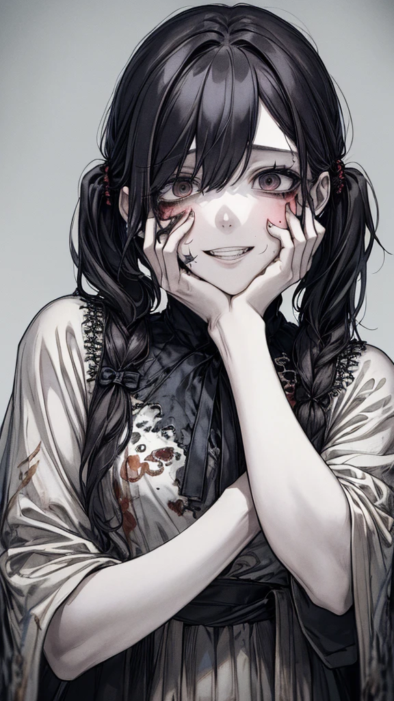 (masterpiece:1.2, Highest quality), (Actual Photos, Intricate details), (1 female, alone, Small breasts) ,Scary atmosphere、Distorted facial expressions、Blood splatter、Cuts on the face、burns on the face、whole body、Punk Fashion、Long Hair、Long bangs、Twin tails、Black Hair、(((Dark circles under the eyes)))、Pale skin、Feeling unwell、Pathological、Wicked Smile、Crazy Eyes、(Grin)Dramatic makeup,Create mixed media art、White Background
