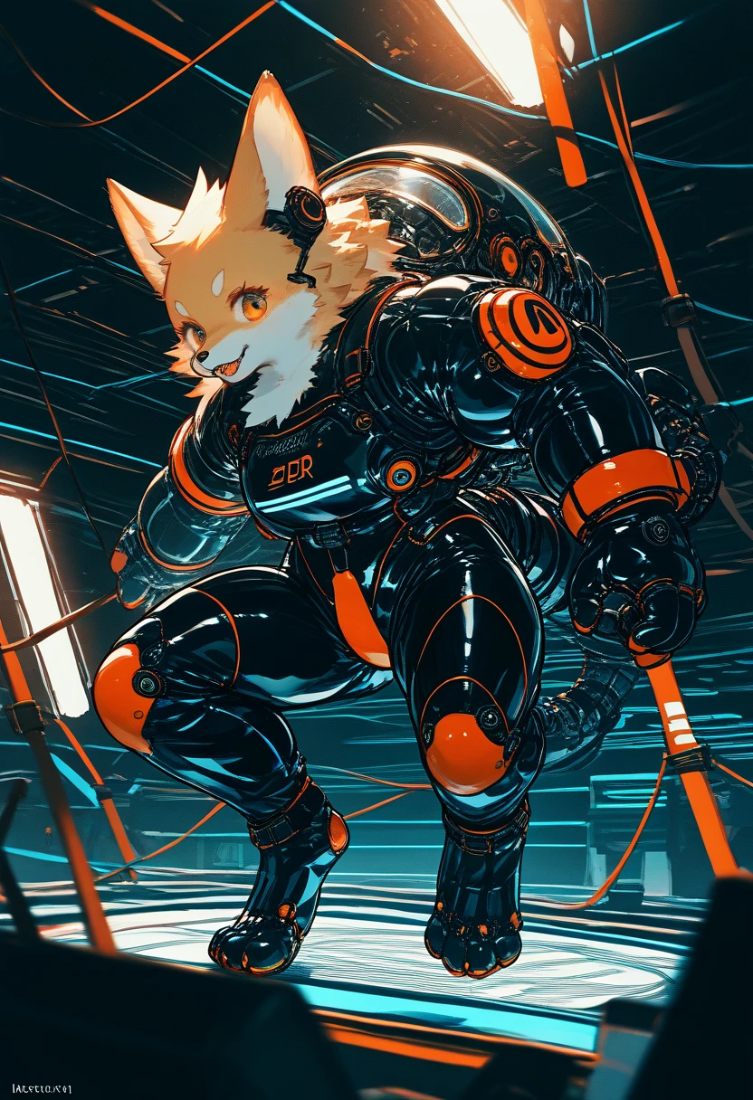 Highest quality, Highest quality, High quality illustrations, masterpiece, Ultra-high resolution, Detailed Background, cyber-, Absurd, Perfect Anatomy, performance, Good lighting, Shadows in the movies(kemono, Furry Personifi猫ion), Rubber suit, latex, neon, neonライト, neonカラー, Mech Suit, cyber-パンク, juvenile