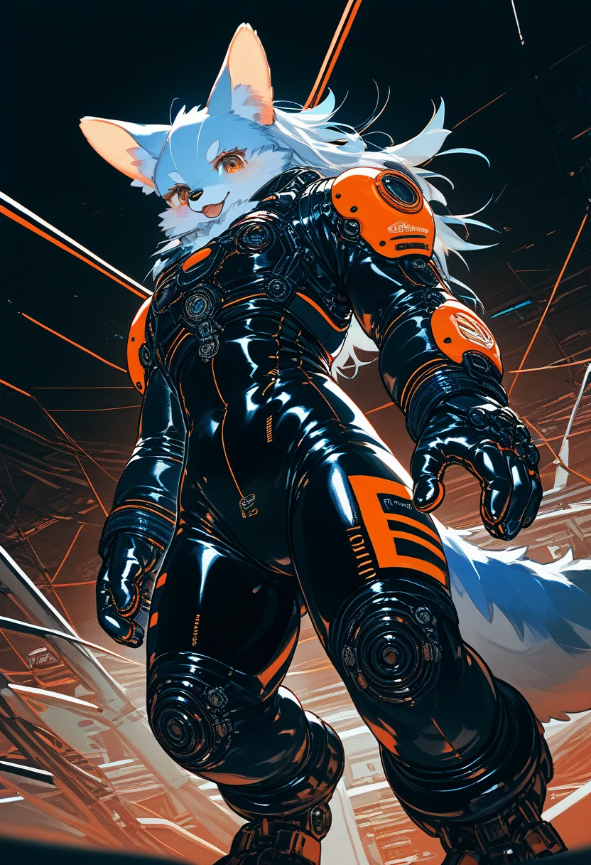 Highest quality, Highest quality, High quality illustrations, masterpiece, Ultra-high resolution, Detailed Background, cyber-, Absurd, Perfect Anatomy, performance, Good lighting, Shadows in the movies(kemono, Furry Personifi猫ion), Rubber suit, latex, neon, neonライト, neonカラー, Mech Suit, cyber-パンク, juvenile