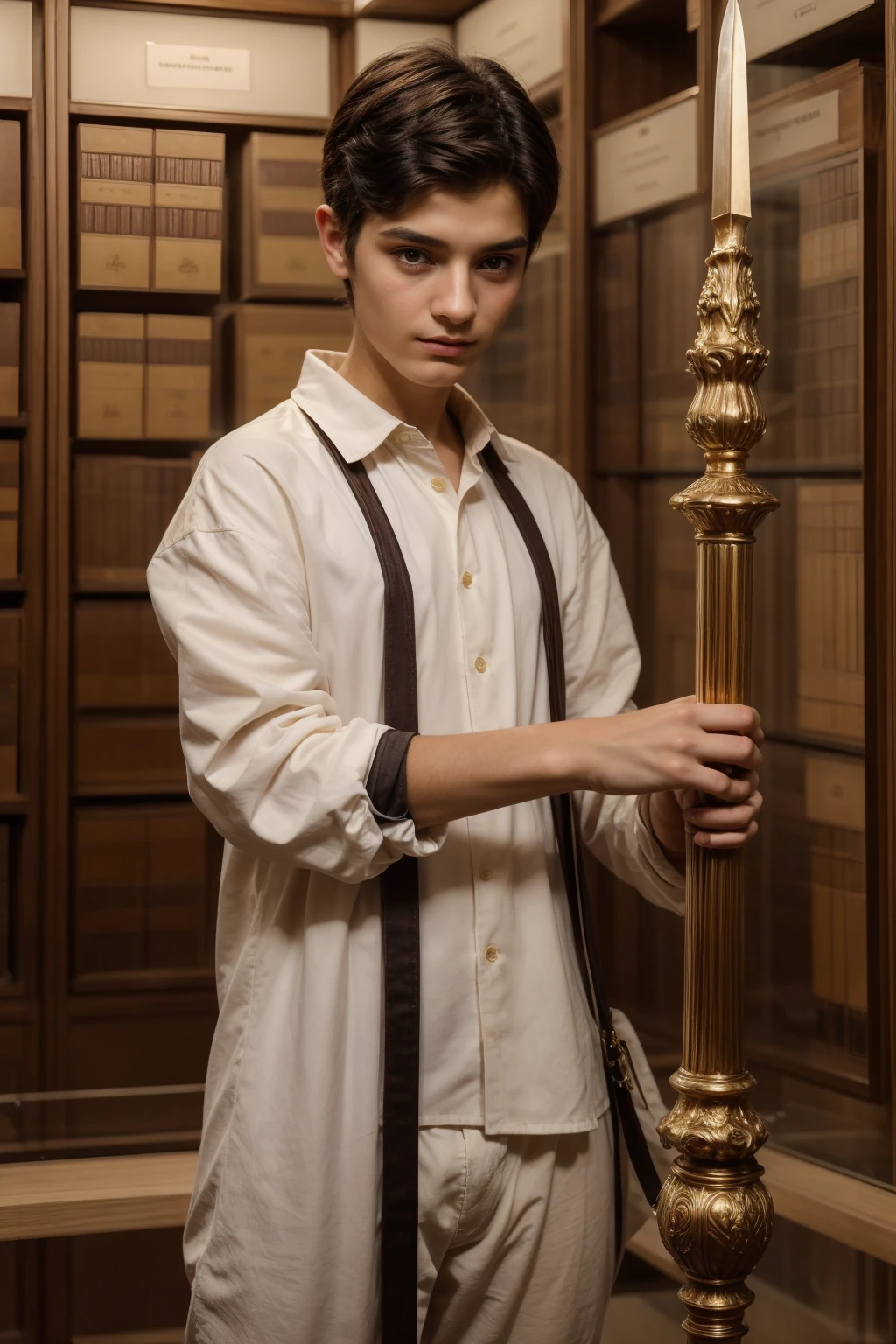 A cute, beautiful twink male with black hair and a face with makeup. He is wearing a long-sleeved white shirt and brown pants. He is in the Antiquities Museum, historical books. He has a golden sword in his hand, pointing it forward, looking in amazement.