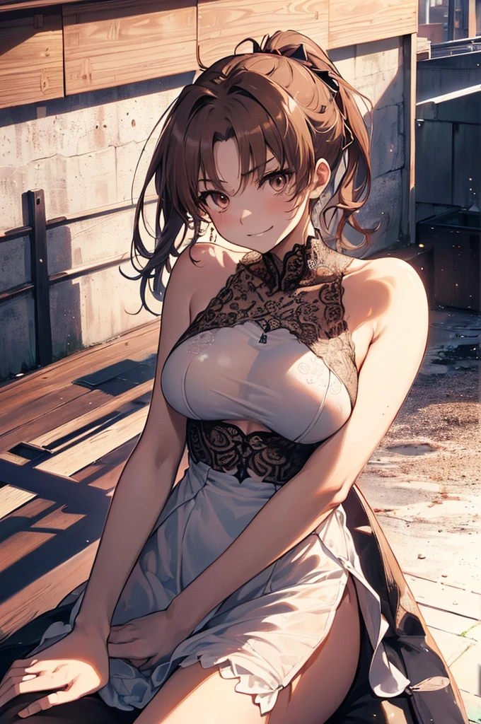 独奏、NSFW、(Big Tits、Big Breasts)、(tall、Toned body、slim body、Brown Skin、Sunburn、Big Breasts)、(Slanted Eyes、Sharp Eyes、Dark Eyeasterpiece))、((Highest quality))、((detailed)、((Adult female))、(((Light brown skin)))、((Long black hair ponytail))、photograph、美しくdetailedな顔、detailedな目、Bright smile、Outdoor、(Sleeveless white dress、Sexy one piece、Semi-transparent lace dress)