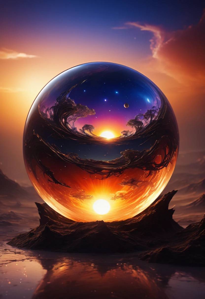 a magnificent sunset on a strange and mysterious alien glass sphere style planete. It's very textured and detailed with dreaming lot of whirlwind and dreaming dust