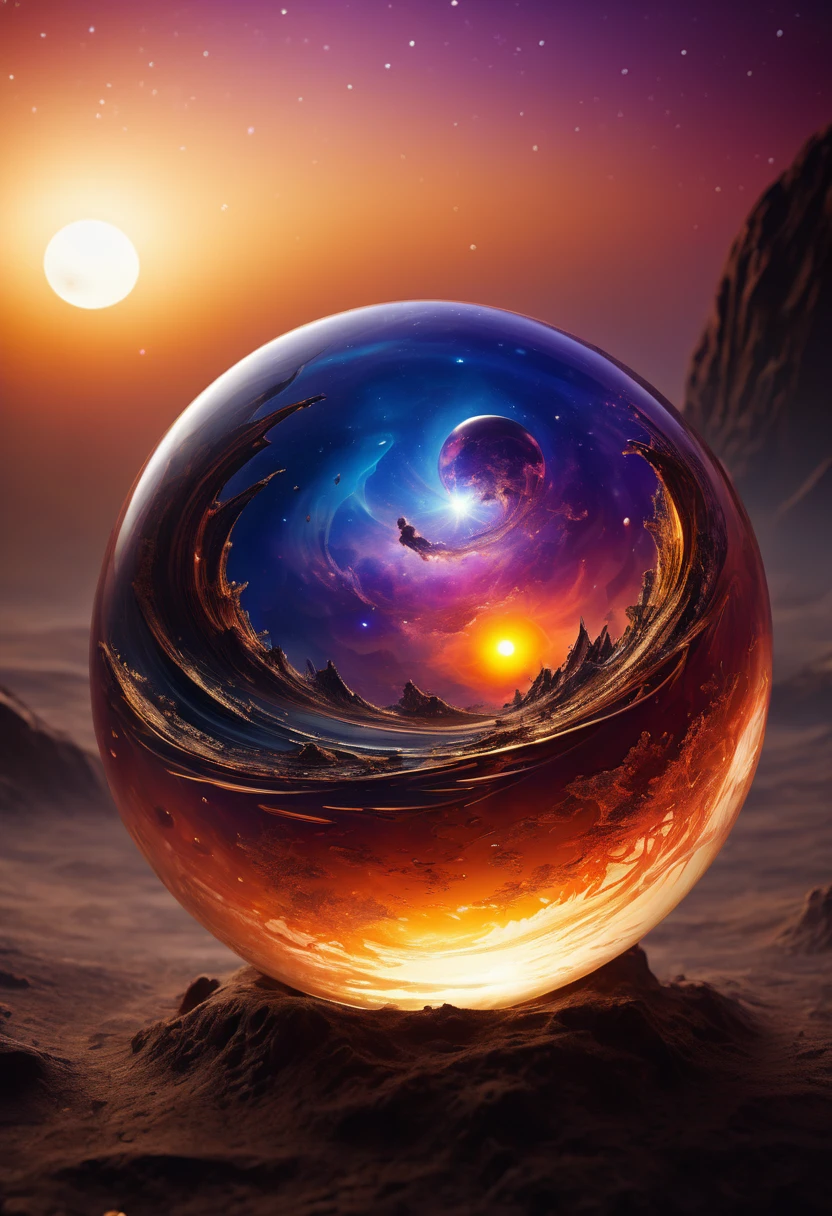 a magnificent sunset on a strange and mysterious alien glass sphere style planete. It's very textured and detailed with dreaming lot of whirlwind and dreaming dust