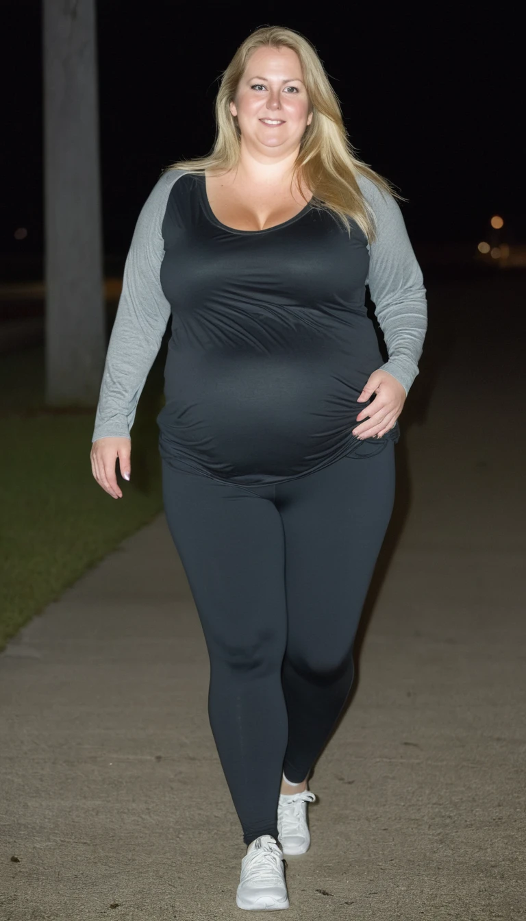 Chubby woman, 40 years old white Caucasian woman walking outside, night time, Mississippi, Gulfport, long straight blonde hair, cleavage, lazy dressed, big hips, thick thighs, casual clothed, big breasts, leggings pants, t-shirt