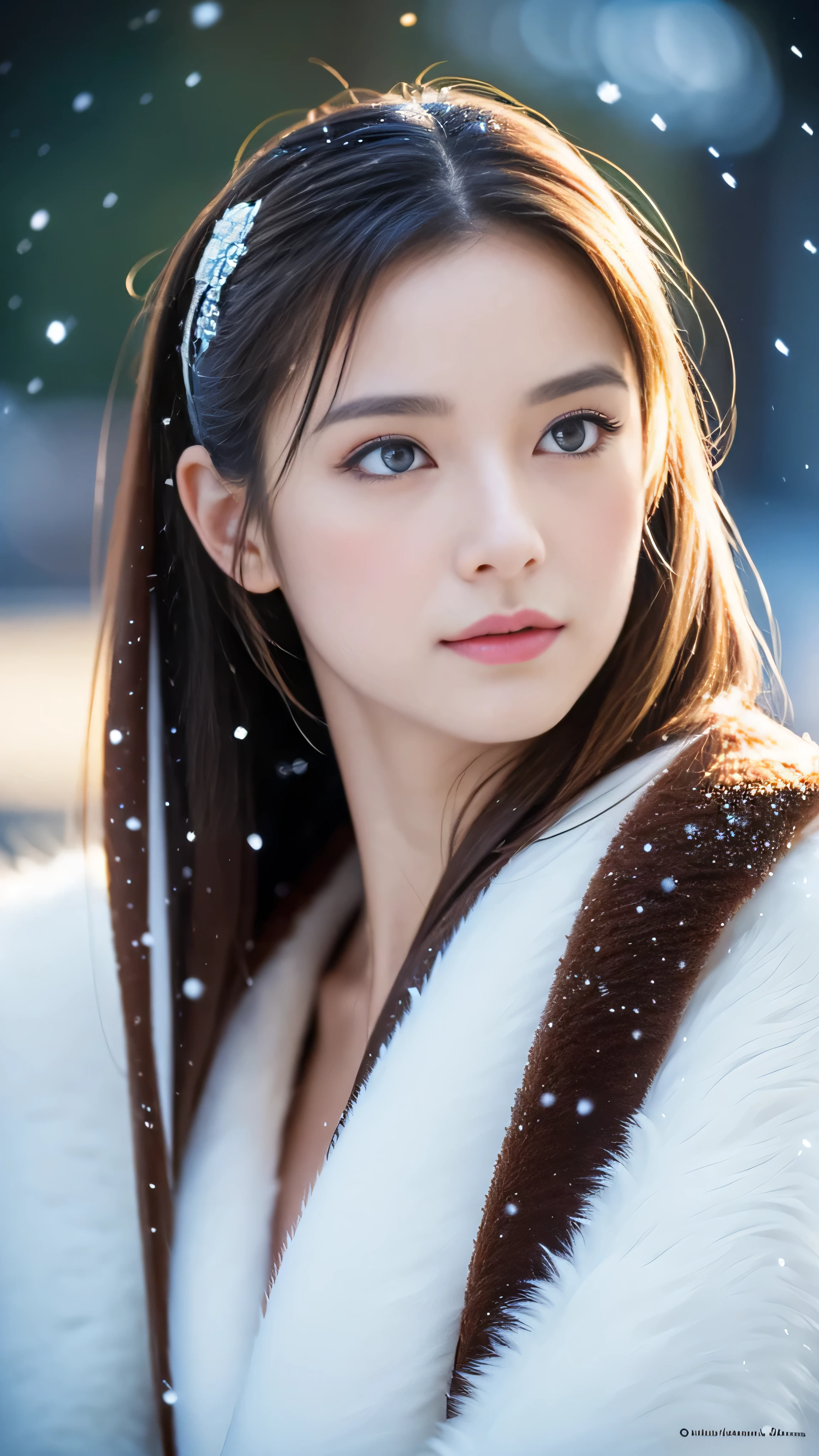 (highest quality, 8k, 32K,details are very clear),Realistic, High resolution, 1 Japanese Women, alone, (Lolita Costume),Gorgeous costumes,Facing the audience,(Upper Body,Upper limbs), Beautiful Eyes, brown hair, Ring-shaped eyes, (outside,Heavy snowfall,thick fur cape,Cover with snow),Snowfield,blue eyes,highest qualityのイラスト,Detailed facial features
