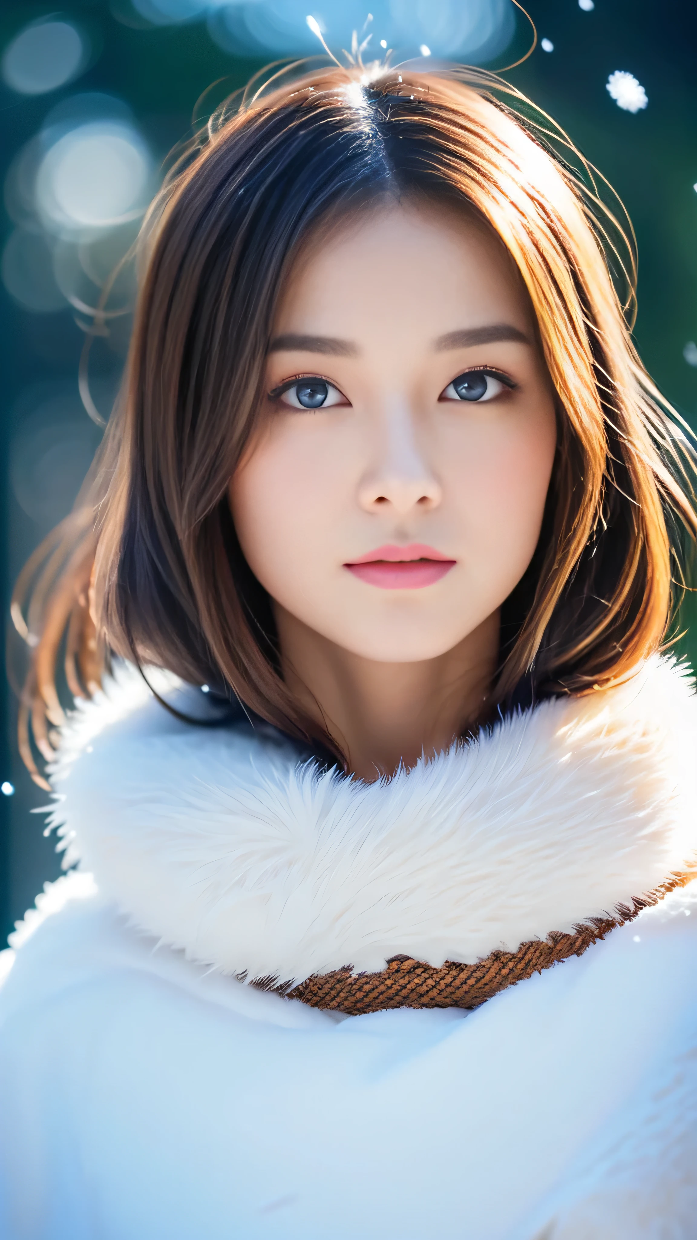 (highest quality, 8k, 32K，details are very clear),Realistic, High resolution, 1 Japanese Women, alone, (Lolita Costume)，Gorgeous costumes，Facing the audience，(Upper Body，Upper limbs)， Beautiful Eyes, brown hair, Ring-shaped eyes, (outside，Heavy snowfall，thick fur cape，Cover with snow)，Snowfield，blue eyes，highest qualityのイラスト，Detailed facial features