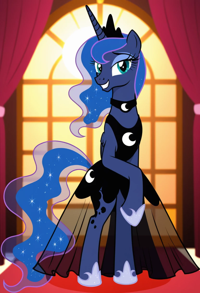 Pony . Black see trough dress with black choker, Princess Luna smiling 