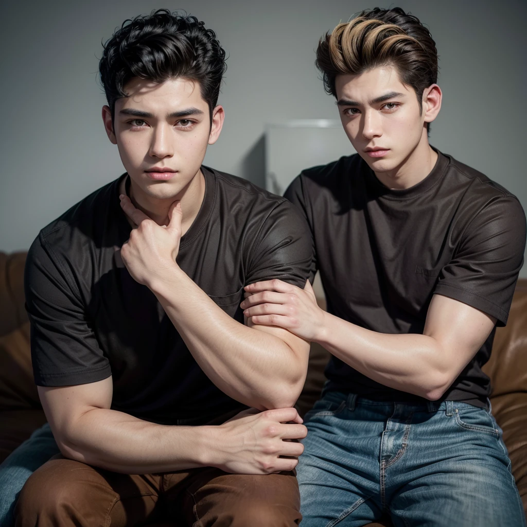 a boy with black hair pompadour, brown eyes, wearing brown pants and a long blue shirt,