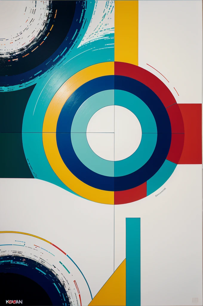 Create an abstract artwork using a dynamic composition of shapes, colors, and lines. Focus on conveying emotion and movement through the use of bold, contrasting colors and varying textures. Incorporate geometric and organic forms that interact and overlap in an intriguing and harmonious way. Avoid any recognizable figures or landscapes, allowing the viewer to interpret the piece in their own way. Aim for a balance between chaos and order, with elements of spontaneity and deliberate design.