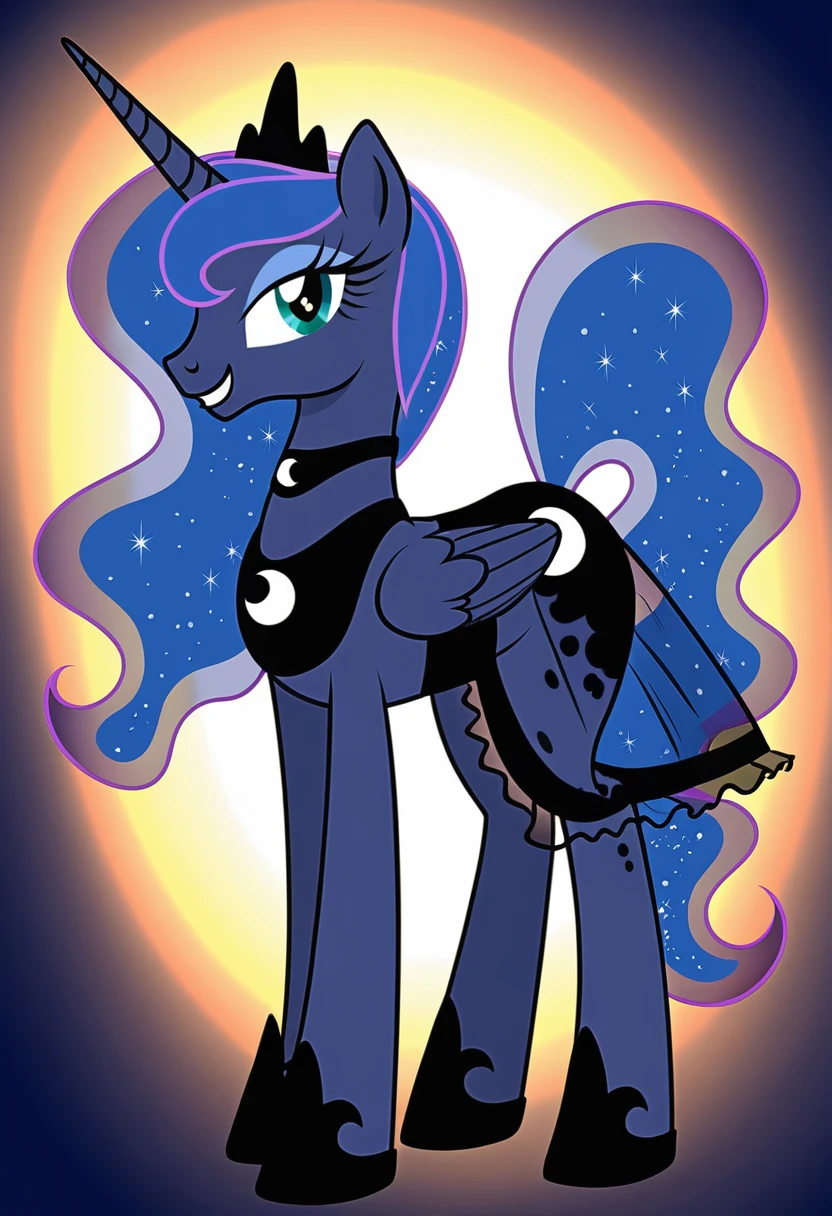 Pony . Black see trough dress with black choker, Princess Luna smiling 