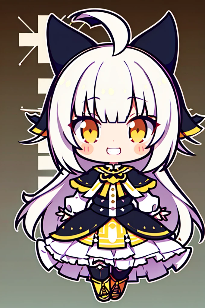 vector art, 1girl, hime cut, white hair, blunt bangs, ahoge, blush, yellow eyes, short girl, grin, full body, short girl, grin, grinning, moody, black pants, white cape with golden edges, flat color, thick outline, outline