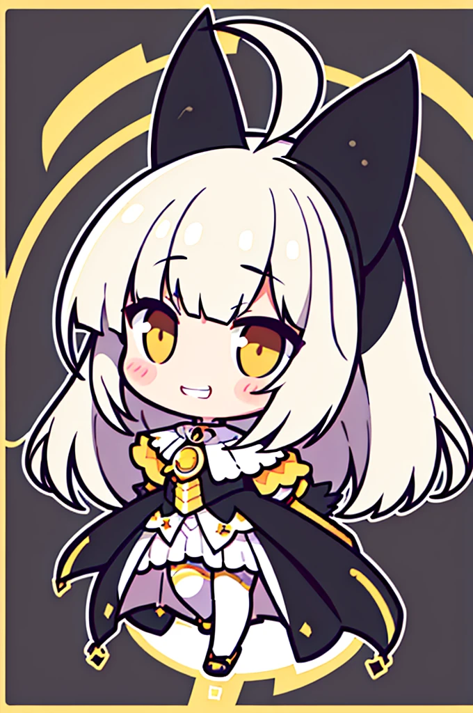 vector art, 1girl, hime cut, white hair, blunt bangs, ahoge, blush, yellow eyes, short girl, grin, full body, short girl, grin, grinning, moody, black pants, white cape with golden edges, flat color, thick outline, outline