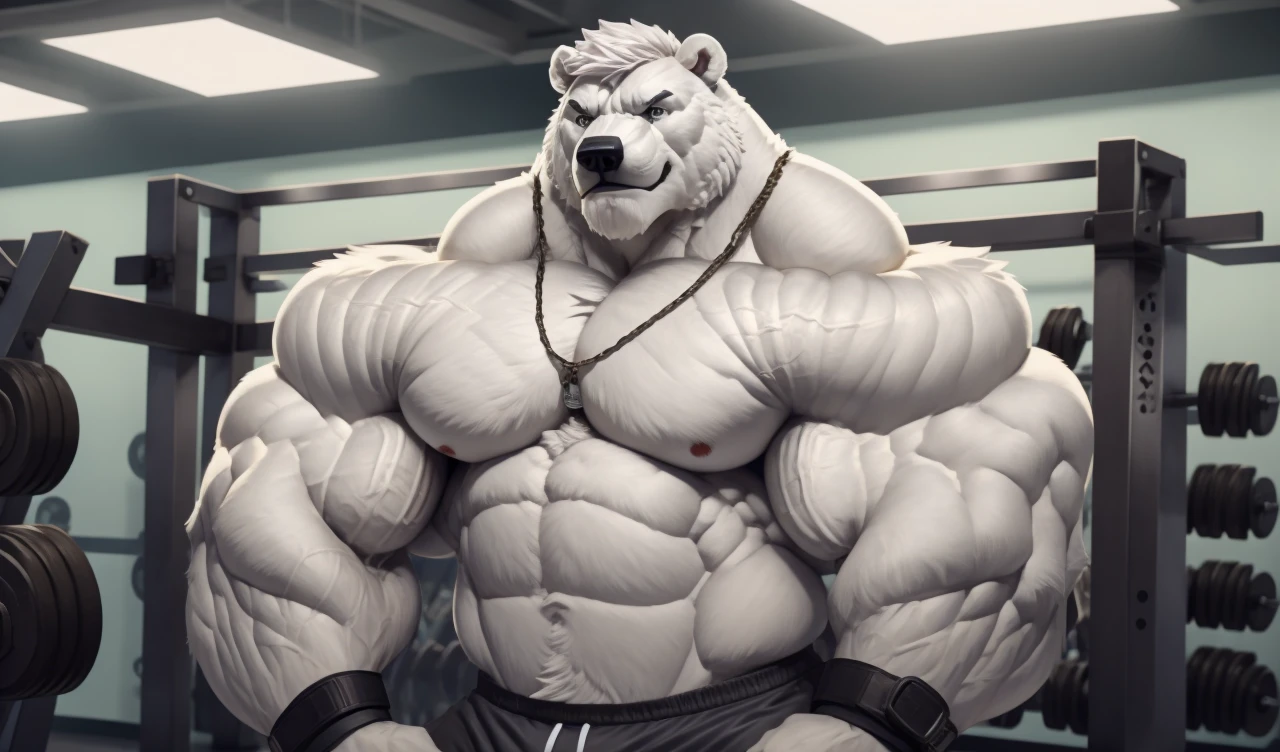 Brock Ólafsson The Huge Muscled Polar Bear, with White Hair, Shirtless amd Topless, Black Wristbands and Black Gym Shorts, Flexing His Thorax.