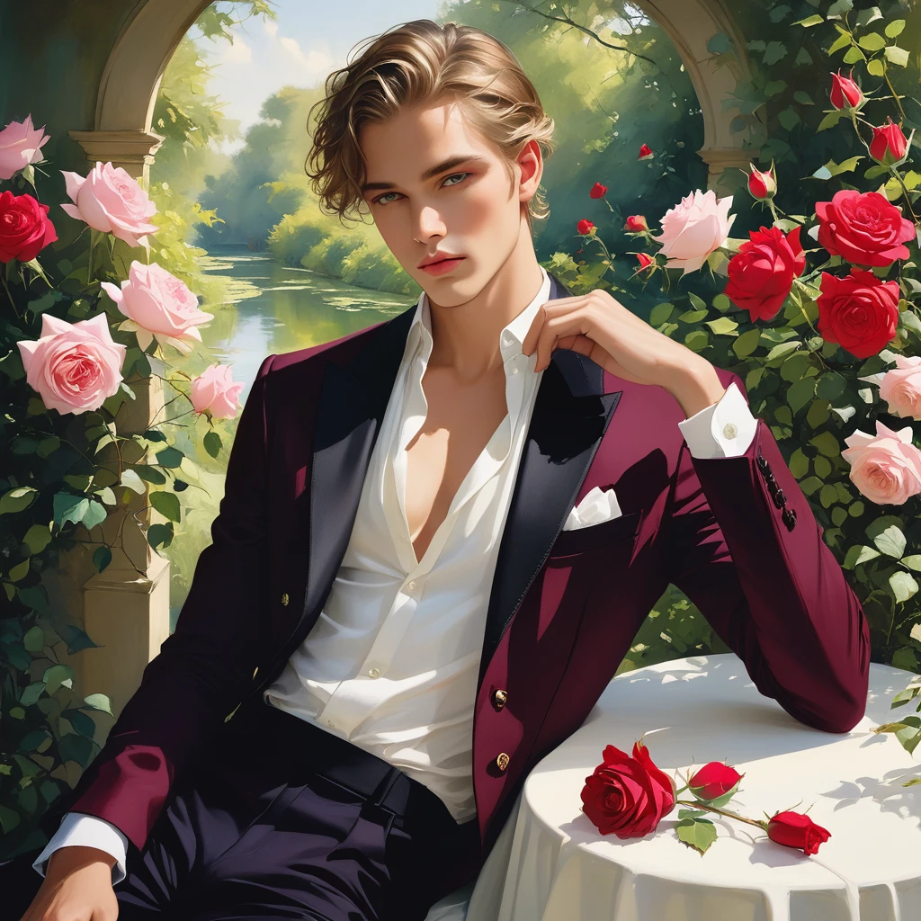 Create an image of a young man inspired by the characteristics of the rose 'The Prince.' The male model should be standing in a poised and regal posture, with one hand lightly touching his chin and the other resting by his side, evoking a sense of deep contemplation and elegance. He should be dressed in a deep, rich velvet jacket in dark red-purple or red wine, adorned with intricate embroidery and layered over a crisp white shirt, complemented by dark tailored trousers and polished black shoes. His clothing should reflect the complex, multi-petaled structure of the rose, with detailed textures and luxurious fabrics.

The composition should place the model slightly off-center, allowing for a view of a lush garden background with glossy green leaves and hints of blooming roses, creating a natural yet sophisticated setting. Soft, diffused lighting should be used to highlight the model's features and clothing, casting gentle shadows that add depth and dimension to the image. The overall atmosphere should be one of quiet intensity and refined elegance, with a subtle hint of romanticism.

The photo should be taken at eye level with a slight upward angle to emphasize the model's regal presence, using a medium-format camera like the Hasselblad H6D-100c for its exceptional detail and color accuracy. A prime lens with a wide aperture, such as the Zeiss Otus 85mm f/1.4, should be used to achieve a shallow depth of field, ensuring the model stands out sharply against the softly blurred background.

For inspiration, consider the works of photographers like Mario Testino, known for his ability to capture elegance and refinement in fashion photography, and Tim Walker, whose use of lush, dreamlike settings and intricate details would complement the theme perfectly. ((full-body image)), fashion sketching, realistic drawing, ((imperfect water color drawing background)), 